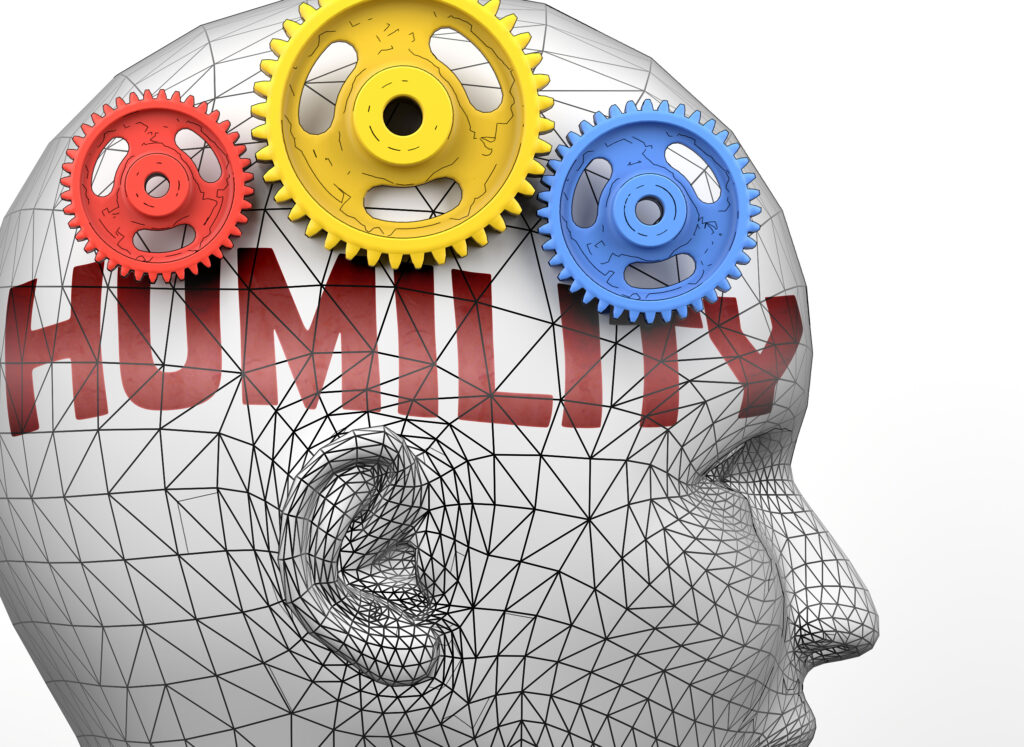 Humility and human mind - pictured as word Humility inside a head to symbolize relation between Humility and the human psyche, 3d illustration