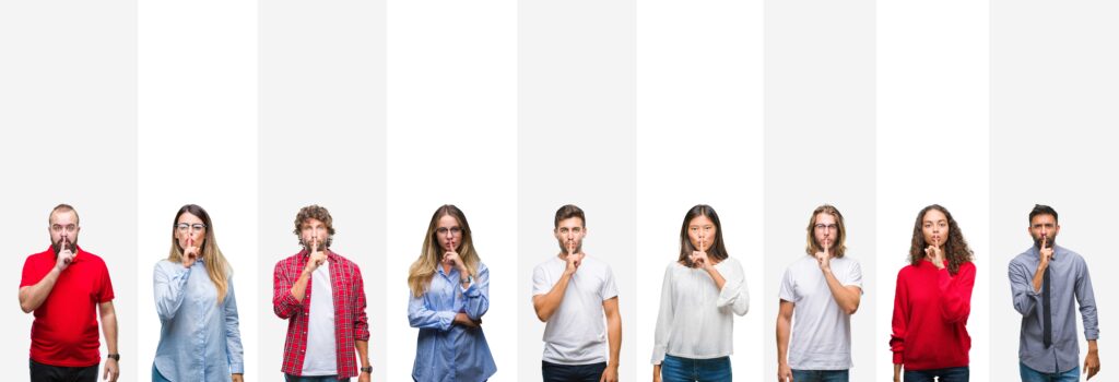 Collage of different ethnics young people over white stripes isolated background asking to be quiet with finger on lips.