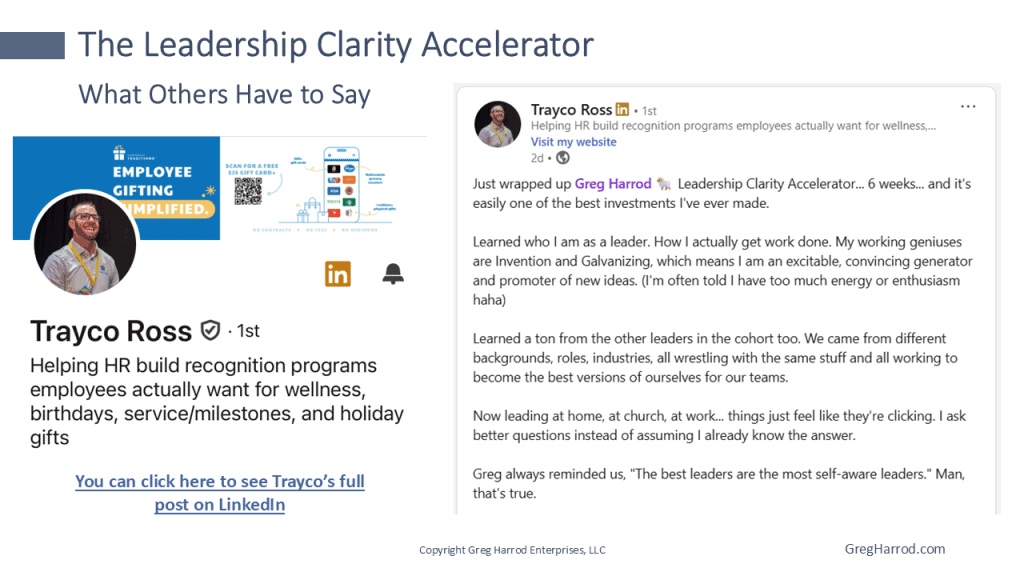 Leadership Clarity Accelerator - Trayco Ross Comments
